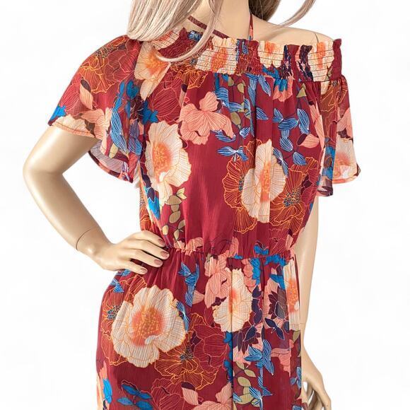 Y2K Fall Floral Maxi Dress S | Off Shoulder Burgundy Boho Cottagecore Prairie - Picture 7 of 9